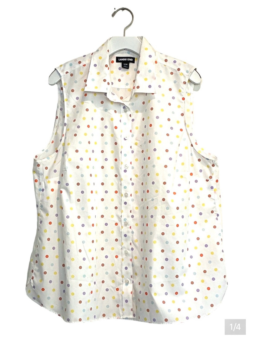 LAND’S END White Sleeveless Button-Down Top with Multicolor Polka Dots